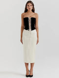 Black Lace Up Tube Top And White Satin Midi Skirt Set-Outfit