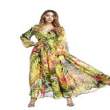 Fongt Spring Summer New Women's Dress V Collar Lantern Sleeve Red Leaf Print
