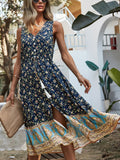 2022 Boho Summer Women's Dress V Neck Floral Print A Line Boho Beach Midi Dress Sexy Party Vacation Sleeveless Slit
