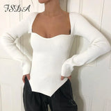 Square Neck Long Sleeve Sexy Women Sweater White Long Sleeve Casual Top Autumn Winter 2020 Black Pullover Solid Jumper