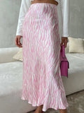 Pink Printed Satin Midi Straight Skirt-Outfit