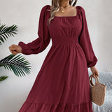 Spring And Summer Leisure Solid Color Collar Long Sleeves To Close The Waist Lotus Leaf Side A Dress Women's