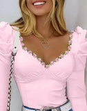 Fongt New Women's Lace Lace Decorated With Bubble Sleeves Long Sleeves V-Neck T-Shirt Slim