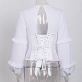 Lace Up Corset Long Sleeve Blouse-Outfit