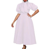 Fongt Large-Size Women's Summer New Bow Bow Pure Color Banquet Dress Skirt Short-Sleeved Dress