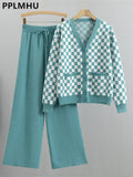 Plaid Sweater Two Piece Set Fall Winter V-neck Knit Cardigan Jackets Conjuntos Casual High Waist Wide Leg Pants Outfits
