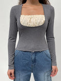 Square collar Lace Crop Top-Outfit