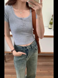 Short-Sleeved T-Shirt Women's Half-Open Collar Button Design High Waist Short Style Navel New Summer