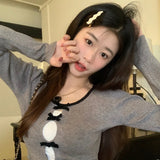 Fongt Fragrant Windy Bow Bow Long-Sleeved Knitted Girl Autumn New Design Hollow Wears Solid Color Long-Sleeved