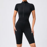Fongt Waist Open Collar Zipper Short Sleeve Yoga Onesie Women's Net Fitness Tight Sports Onesie 41180-Outfit