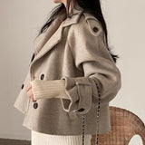 Fongt Chic Autumn And Winter French Vintage Suit Collar Double Breasted Pocket Small Loose Versatile Woolen Short Coat Woman-Outfit