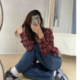 Fongt Plaid Shirt Coat Women Loose Long Sleeve Folding Design Sense Retro Casual Checker Shirt Blouse