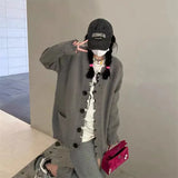 Autumn And Winter New Korean Version Broken Edge Design Sense Sweater Jacket Women's Casual Loose V-Neck Knitted Cardigan Blouse-Outfit