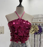Heavy Industry Bling Bling Glide Hanging Neck Sling Vest One-Style Wrapping Tie With Large Bare Back Blouse
