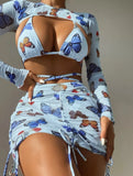2023 New Butterfly Print Drawstring Strap Sexy Four-Piece Swimsuit