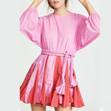 Spring Hit Color Patchwork Womens Dress O Neck Puff Sleeve Bandage Pleated Dresses Female 2022 Casual Fashion