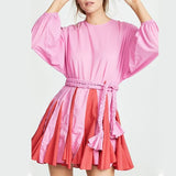 2022 Summer A Line Women's Dress O Neck Long Sleeve High Waist Sashes Slim Rose Color Mini Dresses Female