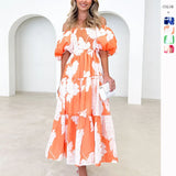 Fongt Spring And Summer Temperament Elegant Print Shoulder Bubble Sleeve Fashion Dress