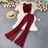 Fongt Suit Women Feel Low-Neck Short Top With High-Waisted Flared Trousers Fashion Two Sets
