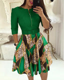 Fongt New Round-Neck Printing Belt Fashion Casual Commuter Dress