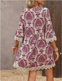 Fongt Fashion New WISH / Print V-Neck Lace Seven-Sleeve Dress