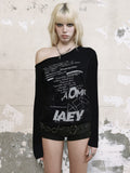 Fongt Dark Letter Print Slanted Shoulder Loose Short-Sleeved T-Shirt Millennium Hottie Street Sexy Backhide Hop Top