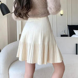 Knit Solid Elastic High Waist Pleated Mini Skirt-Outfit
