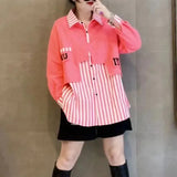 Loose Striped Patchwork Shirt Women's Clothing Turn-down Collar 2023 Spring Autumn Single-breasted Korean Casual Blouse-Outfit
