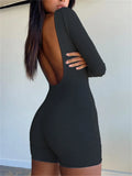 Chic Women Sexy Backless Rompers Overalls Fall Ribbed Knitted Playsuits Square Neck Long Sleeve Slim Fit Biker Shorts-Outfit