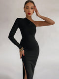 Shoulder Elegant Maxi Dress Diagonal Collar Side Split Sexy Long Summer Dress 2023 Women's Party Evening Dresses Black