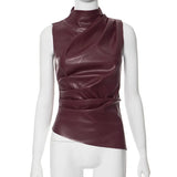 Women Y2K Vintage Pu Simple Basic Tank Top High Waist Skinny Shrunk Slash Cut Sleeveless Tops Versatile Noble Shirts-Outfit