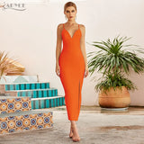 Summer Women Bodycon Bandage Dress Sexy V Neck Spaghetti Strap Slit Club Celebrity Cocktail Evening Runway Party Maxi