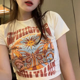 Indie Print Short Sleeve Crop Top-Outfit