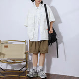 Fongt Cityboy Solid Color Multi-Pocket Overalls Short-Sleeved Shirt Men And Women Loose Retro Function Shirt Tide-Outfit