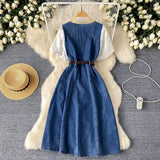 Fongt Dress Women's 2025 Summer Dress New Design Collar Bubble Sleeve Splicing Age-Sensitive Fashion Denim Long Dress