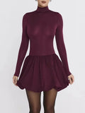 Burgundy Turtleneck Long Sleeve Puff Skirt Mini Dress-Outfit