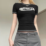 Style Spring And Summer Women's Wear 2024Ins Hot Girls Street Celebrities Gray Function Wind Printed Short-Sleeved T-Shirt