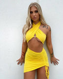 Skirts Womens Outfit 2021 Summer Sexy Dress Sets Halter Soft Crop Top Drawstring Off Shoulder Lady Snug Two Piece