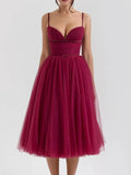 Sweetheart Neckline Strap Tulle Frill Midi Dress-Outfit