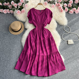 Fongt Gentle Wind Ruffle Collar Dress Female Summer Simple Pure Color Double Flying Sleeve Design Platycodon Grandiflorum First Love Skirt-Outfit