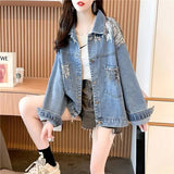 Fongt Sense Sequins Lazy Style Korean Version Denim Jacket Female Autumn 2024 New Style Loose Short Versatile Jacket-Outfit