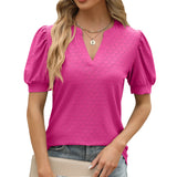 2024 New V-Neck Bubble Sleeve Pleated Short Sleeve Loose T-Shirt Top-Outfit