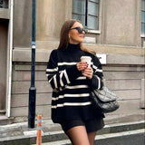 New Fashion Casual Round Collar Loose Stripe Fat Sleeve Knit Women's Top-Outfit