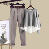 Women Pullover Knitted Patchwork Tops And Tweed Long Pants Sets Spring Female Two Piece Set Korean Casual Women Outfits