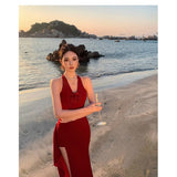 Fongt High-End Red V-Neck Hanging Neck Sling Dress Women Feel Forked And Hip Dress Seaside Holiday