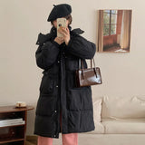 Korean Sweet Bamboo Buckle Down Jacket Female Long 2024 Winter New Hat Over The Knee Thick Warm Coat-Outfit