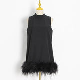 Fongt Design Sense Solid Color A-Line Skirt 2024 Spring Round Collar Sleeveless Hem Ostrich Hair Decoration Loose Dress-Outfit