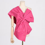 Fongt 2024 New Fashion Temperament Pure Color Asymmetric Collar Bow Decorative Splicing Design Sense Women's Top-Outfit
