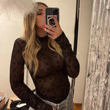 2024 Summer Women's New Sexy Mesh Perspective Thin Half-High Collar Long-Sleeved Bottom