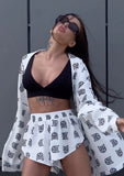 Fongt New Loose Long-Sleeved Women's Printed Casual Commute With Pajamas High-Waist Shorts Set